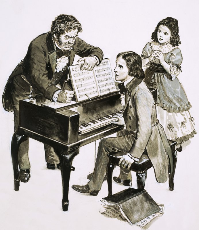 Musikklærer Friedrich Wieck roper til Robert Schumann mens datteren hans, Clara Wieck, ser på av English School