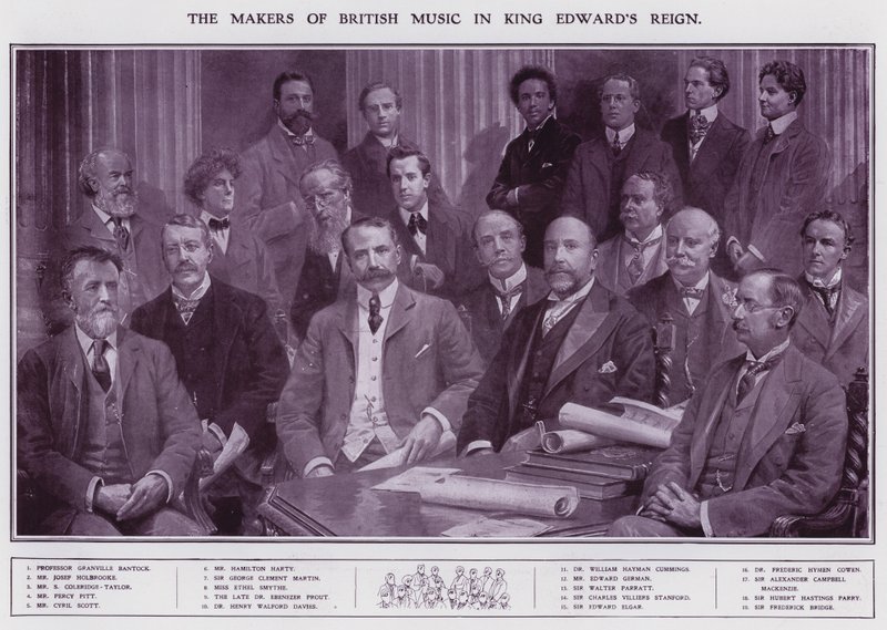 Musikere og komponister under kong Edward VIIs regjeringstid (litho) av English School
