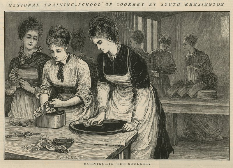 National Training School of Cookery i South Kensington: Morning in the scullery av English School