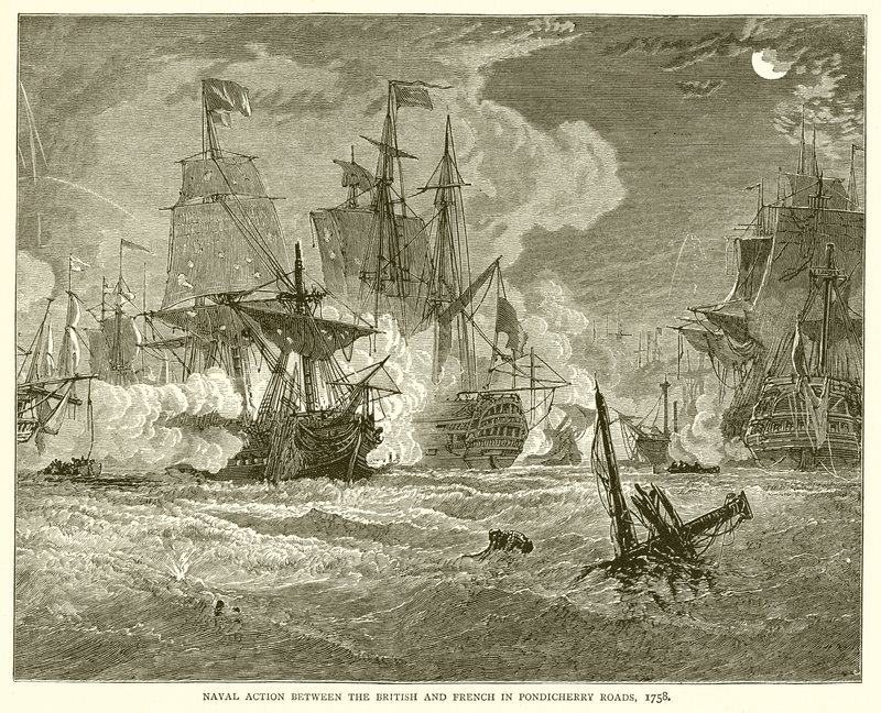 Sjøaksjon mellom britene og franskmennene i Pondicherry Roads, 1758 av English School
