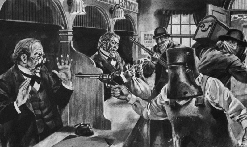 Ned Kelly raiderer en bank (litho) av English School