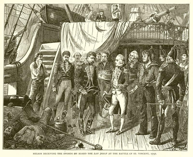 Nelson mottok sverdene om bord på San Josef i slaget ved St. Vincent, 1797 av English School