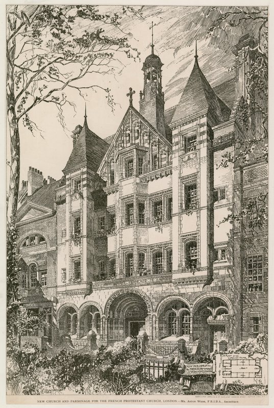 Ny kirke og prestegård for den franske protestantiske kirken, London av English School