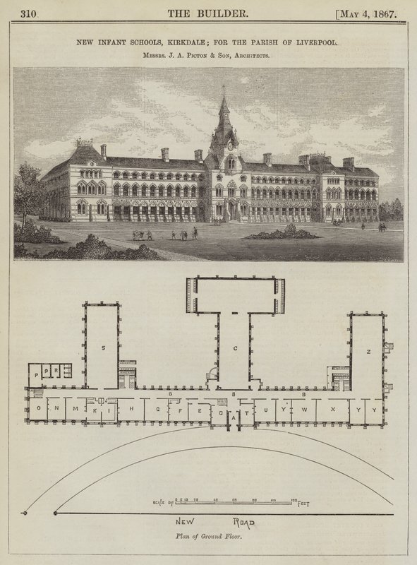 New Infant Schools, Kirkdale; for Parish of Liverpool, herr JA Picton og sønn, arkitekter (gravering) av English School