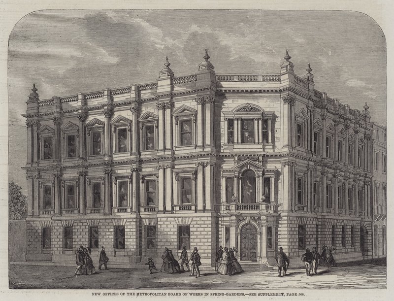 Nye kontorer til Metropolitan Board of Works in Spring-Gardens (gravering) av English School