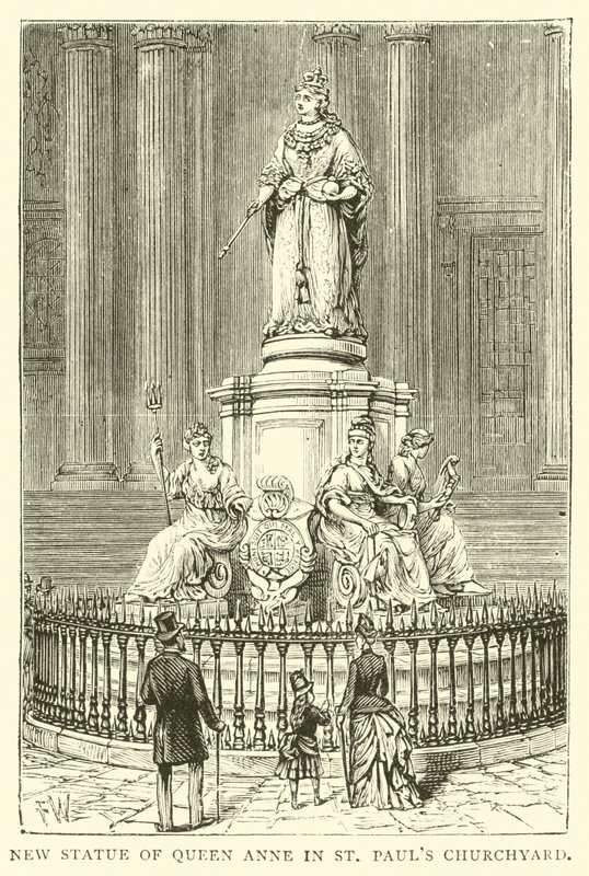 Ny statue av dronning Anne i St Pauls Churchyard av English School