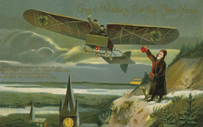Nyttårskort med et fly (farge litho) av English School