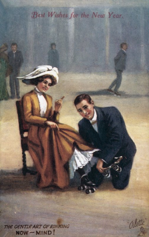 Nyttårskort med rulleskøyter (farge litho) av English School