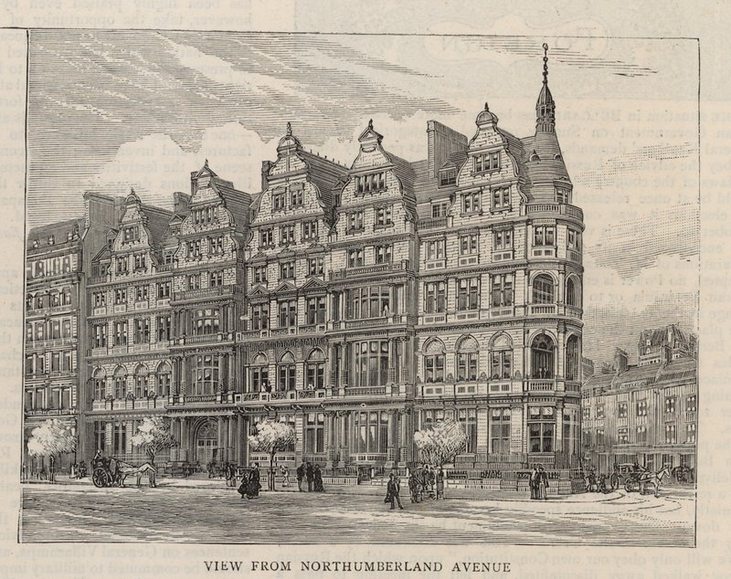 Ny bygning av Constitutional Club i Northumberland Avenue: Utsikt fra Northumberland Avenue av English School