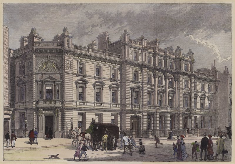 Nytt tinghus og politistasjon, Bow Street, London, c1880 (farget gravering) av English School