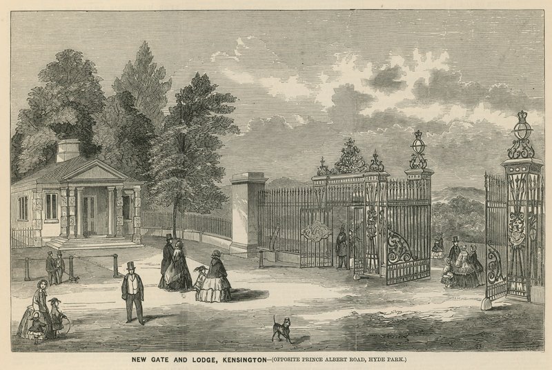 Ny gate og hytte, Kensington, overfor Prince Albert Road, Hyde Park av English School