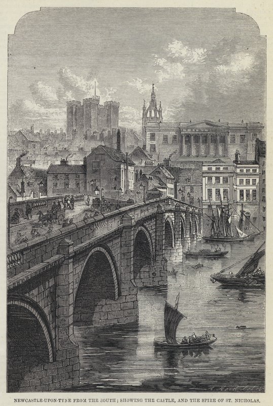 Newcastle-upon-Tyne fra sør, som viser slottet og Spire of St Nicholas (gravering) av English School