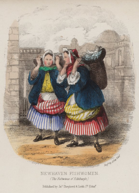 Newhaven fishwomen, Edinburgh (farget gravering) av English School