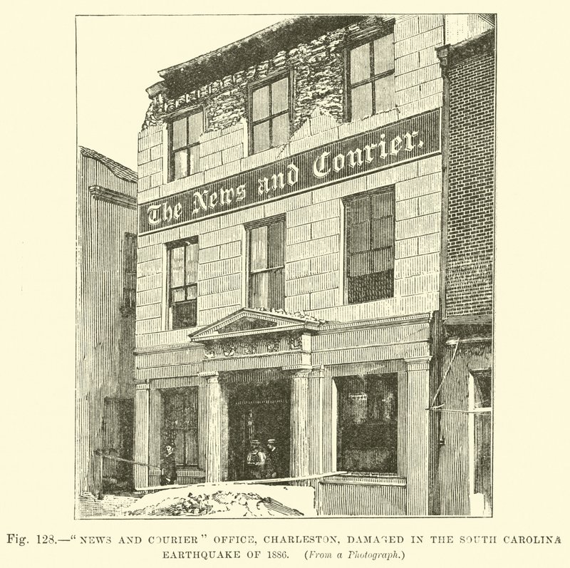 News and Courier Office, Charleston, skadet i jordskjelvet i South Carolina i 1886 av English School