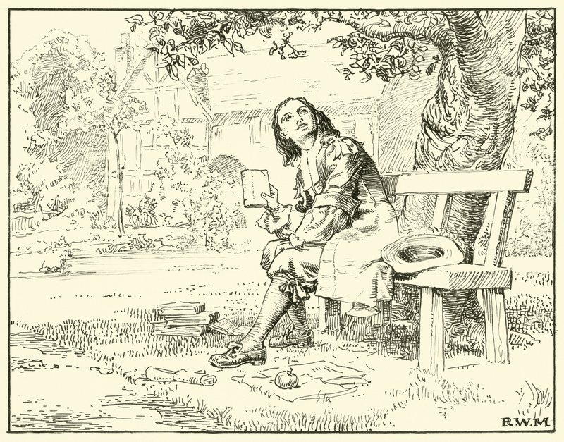 Newton og eplet (blekk på papir) av English School