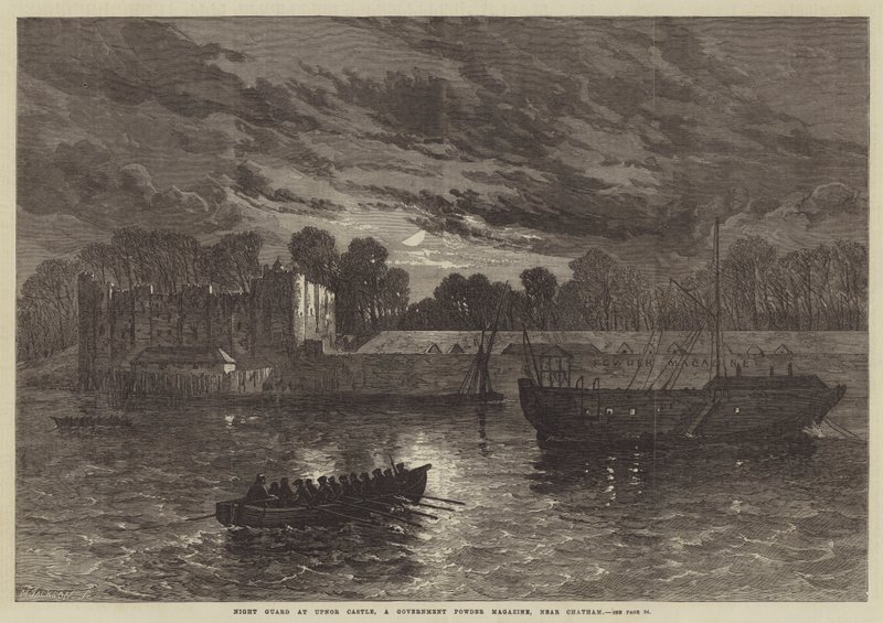 Nattevakt ved Upnor Castle, et Government Powder Magazine, nær Chatham (gravering) av English School