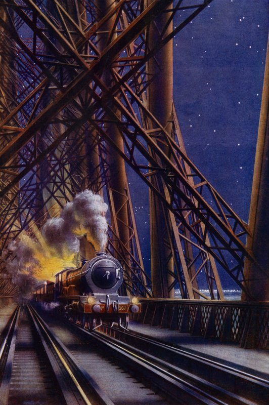 Nattog krysser Forth Bridge, Skottland (farge litho) av English School