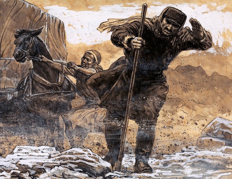 Nikolkai Prjevalsky møtte den første terroren i Gobi-ørkenen da en sandstorm oppslukte ham (gouache på papir) av English School