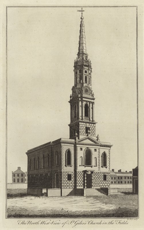 Nord-vest utsikt over Church of St Giles in the Fields, London av English School