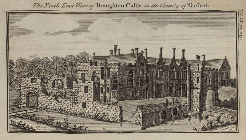 Nordøst-utsikt over Broughton Castle, Oxfordshire av English School