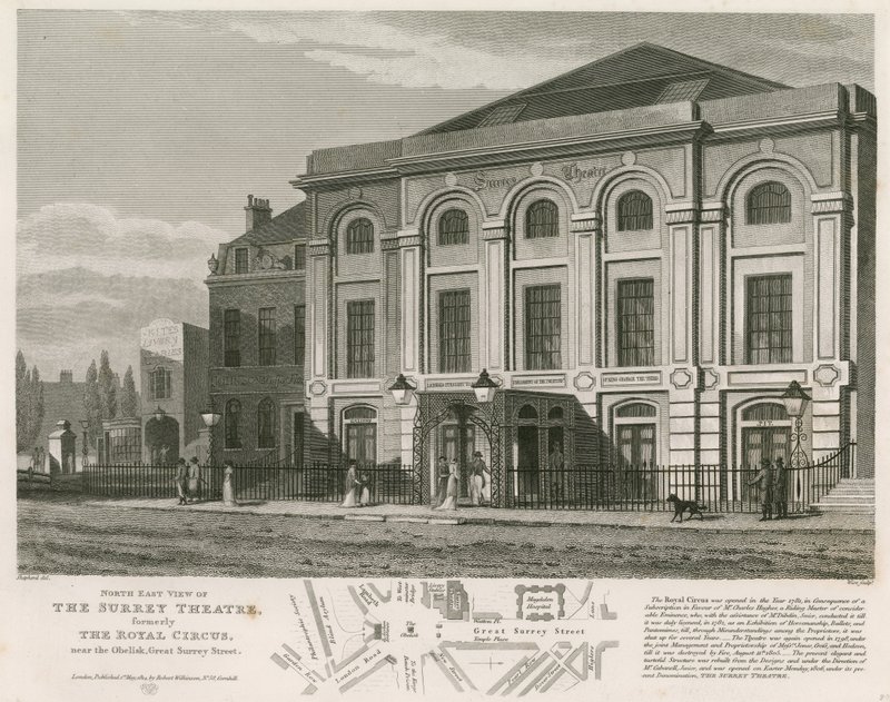 Nordøstutsikt over Surrey Theatre, Blackfriars Road, London av English School