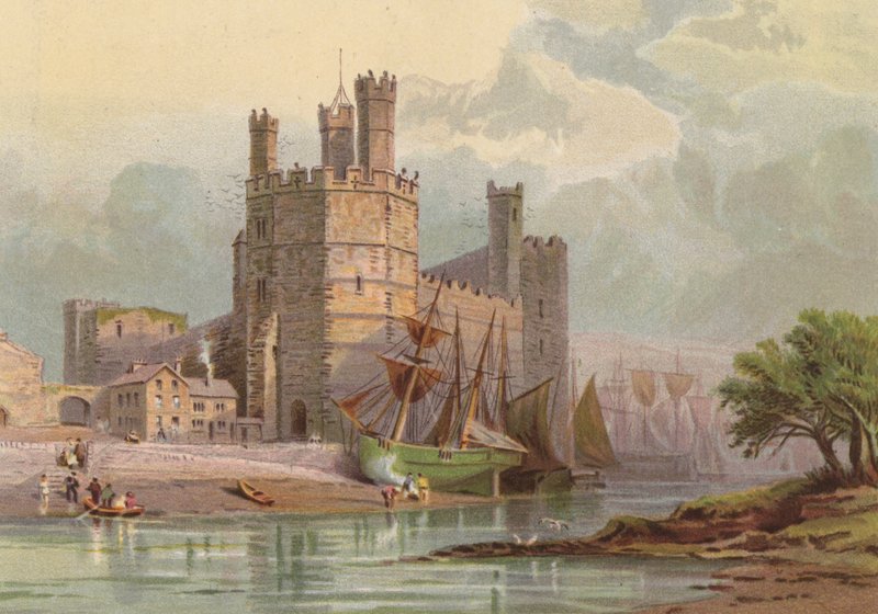 Nord for Wales, Carnarvon Castle (farge litho) av English School
