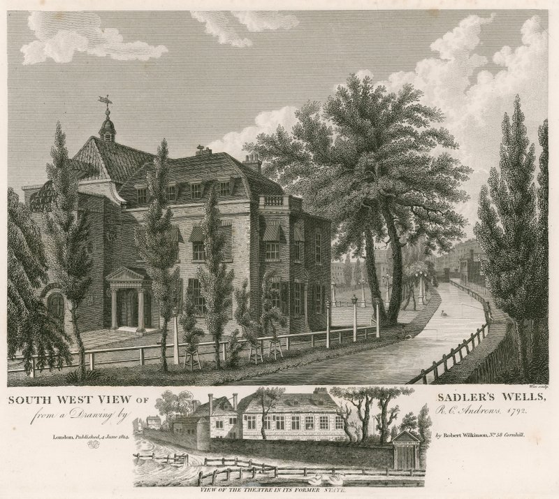 Nordvest-utsikt over Sadlers Wells, London av English School