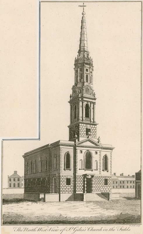 Nordvest-utsikt over St Giless Church in the Fields, London av English School