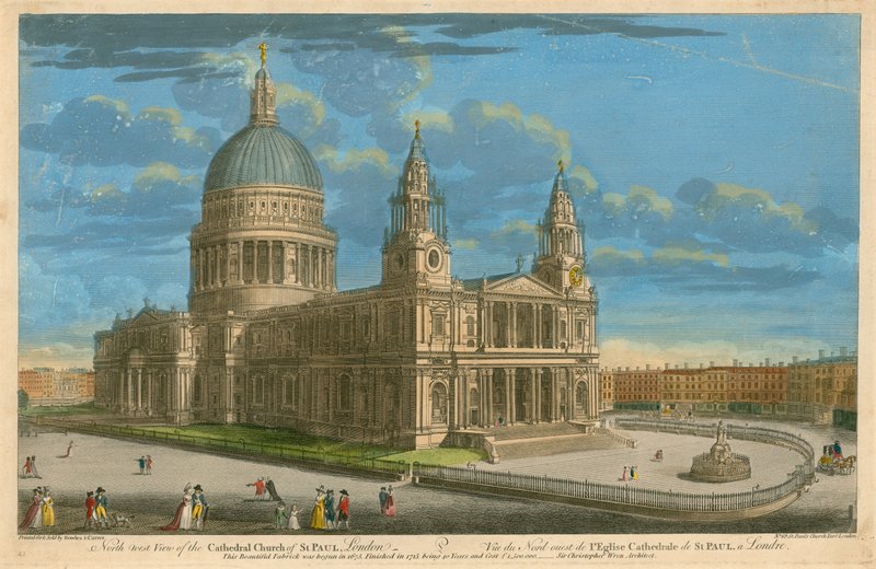 Nordvest-utsikt over Cathedral Church of St Paul, London av English School