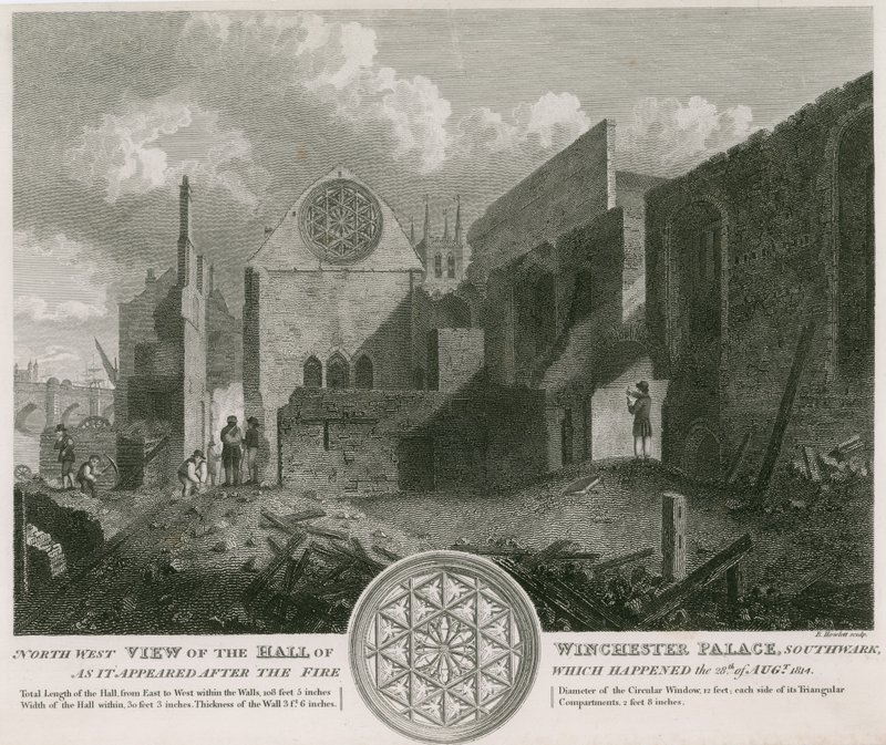 Nordvest-visning av Hall of Winchester Palace slik den så ut etter brannen av English School