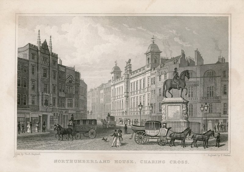 Northumberland House, Charing Cross. Bishs Lottery Office, nr. 9 Charing Cross, ligger ved siden av Golden Cross Hotel av English School