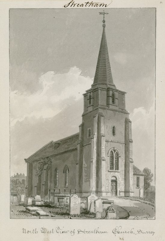 Nordvestutsikt over Streatham Church, Surrey (wc på papir) av English School