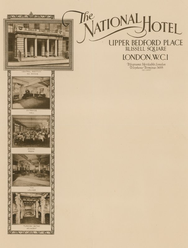 Notatpapir fra The National Hotel, Upper Bedford Place, Russell Square av English School