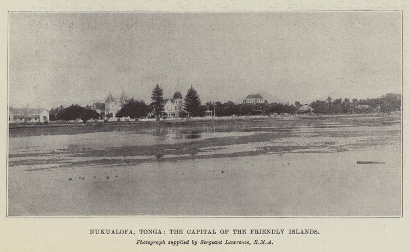 Nukualofa, Tonga, hovedstaden på de vennlige øyene (litho) av English School