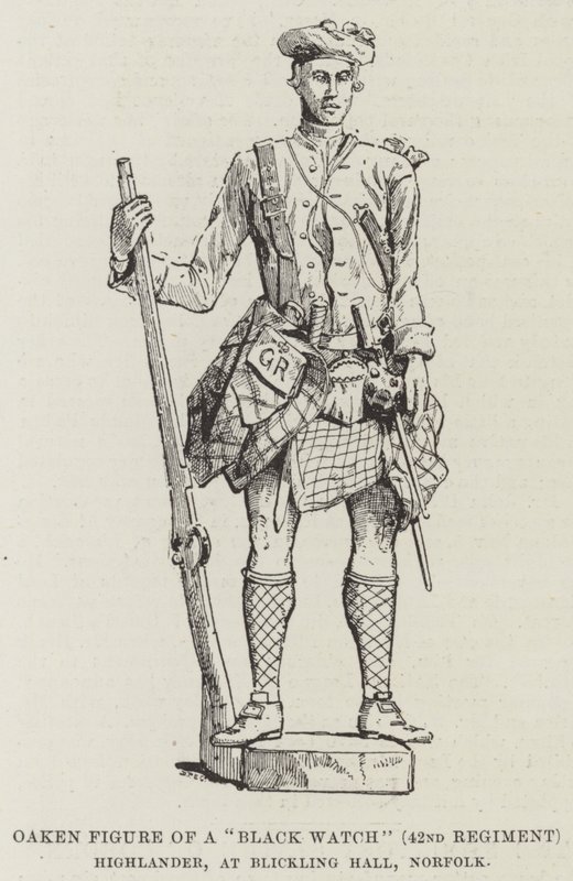 Oaken-figur av en "Black Watch" (42. regiment) Highlander, ved Blickling Hall, Norfolk (gravering) av English School