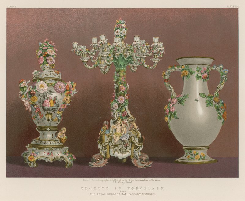 Gjenstander i porselen fra The Royal Dresden Manufactory, Meissen av English School