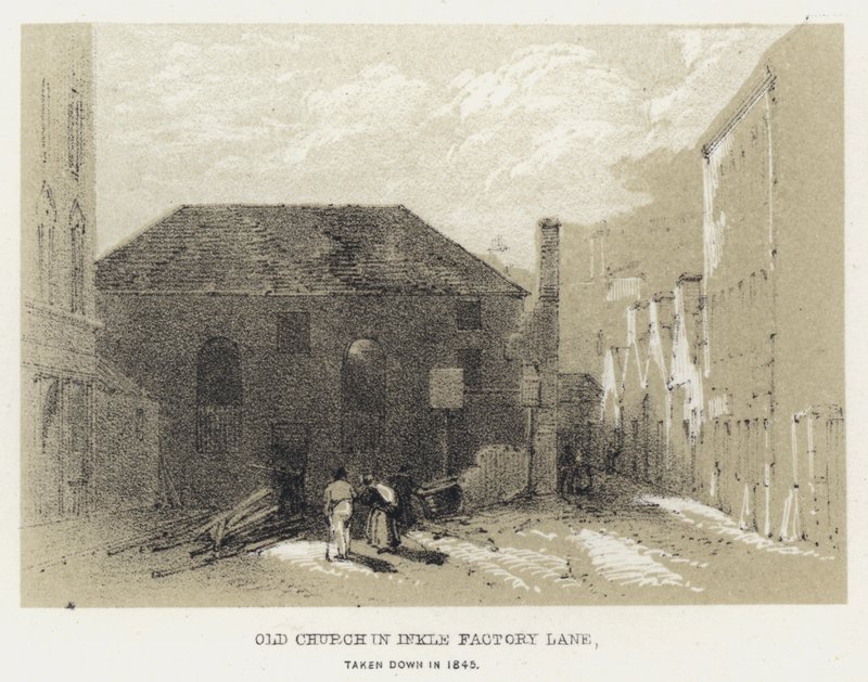 Old Church i Inkle Factory Lane, tatt ned i 1845 (gravering) av English School