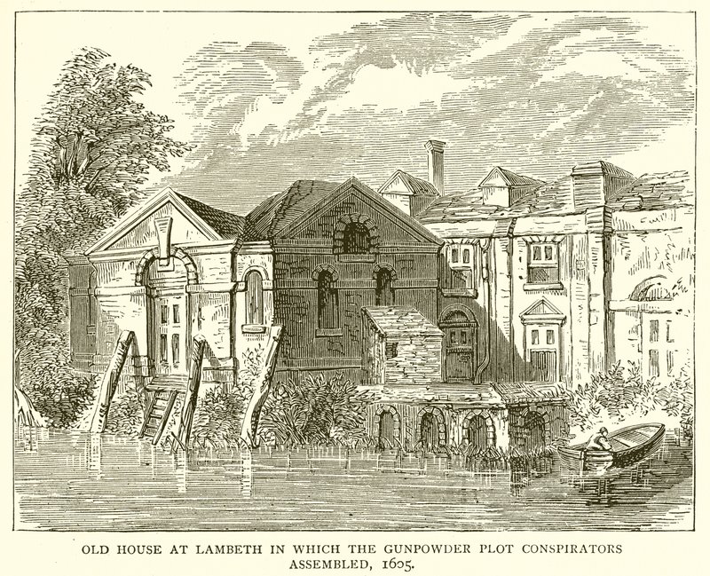 Gammelt hus på Lambeth der kruttplottkonspiratorene samlet seg, 1605 av English School
