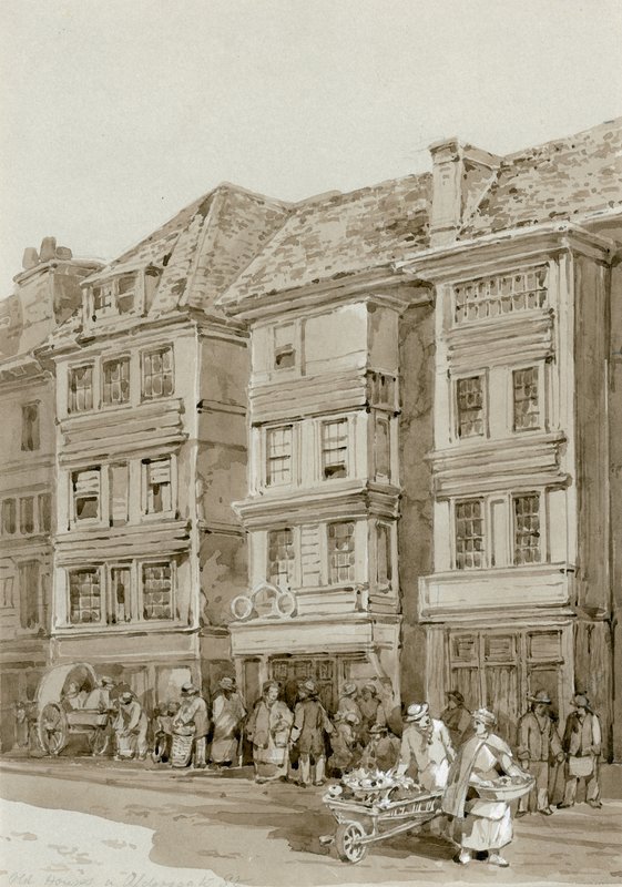 Gamle hus i Aldersgate Street (wc på papir) av English School