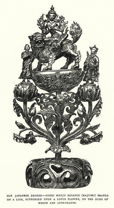 Gammel japansk bronse, Gokei Monju Bosatsu (Majusri) sitter på en løve, støttet på en lotusblomst, på hvis knopper er ledsagere (litho) av English School