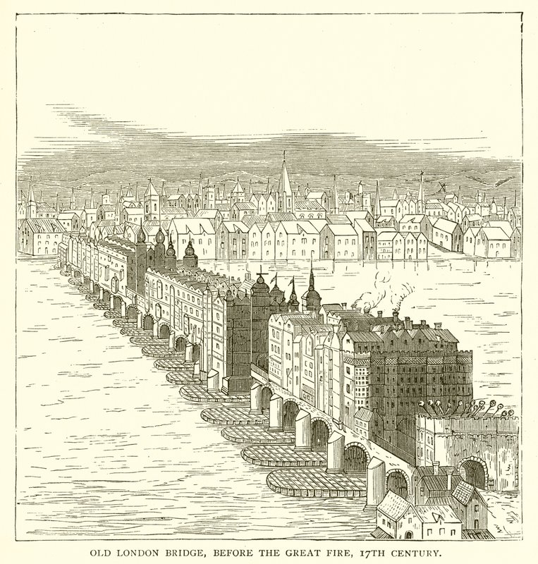 Old London Bridge, før den store brannen, 1600-tallet av English School