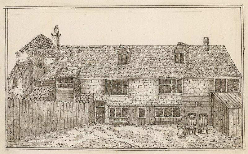 Old Pied Bull, Islington (bak) (blekk på papir) av English School