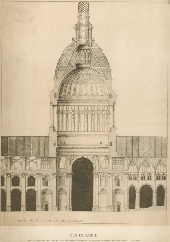 Old St Pauls Cathedral; en del som viser koret med Sir Christopher Wrens forslag til en kuppel av English School