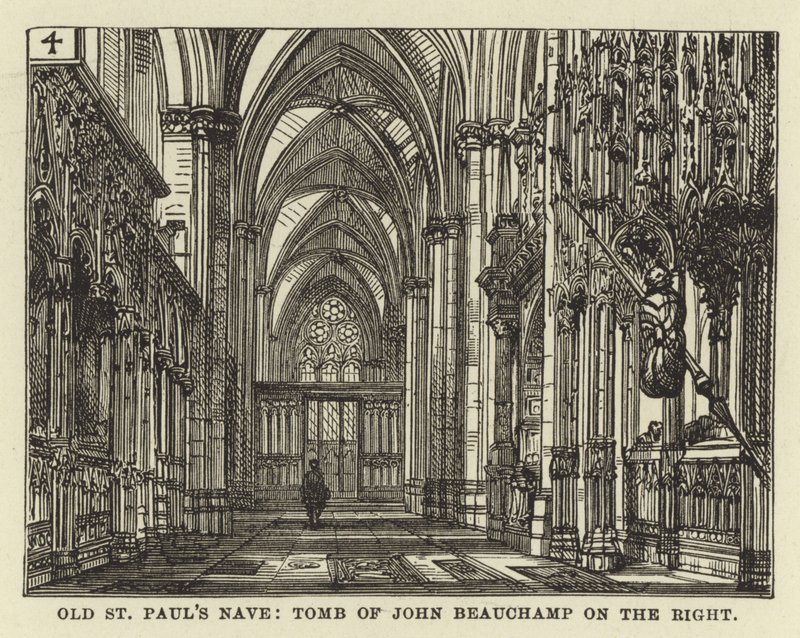 Old St Pauls Nave, graven til John Beauchamp til høyre av English School