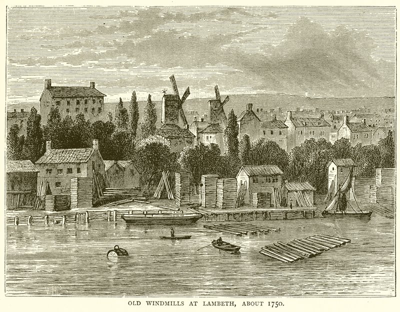 Gamle vindmøller ved Lambeth, ca 1750 av English School