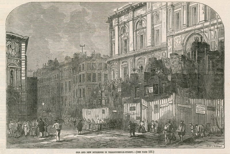 Gamle og nye bygninger i Threadneedle Street, London av English School