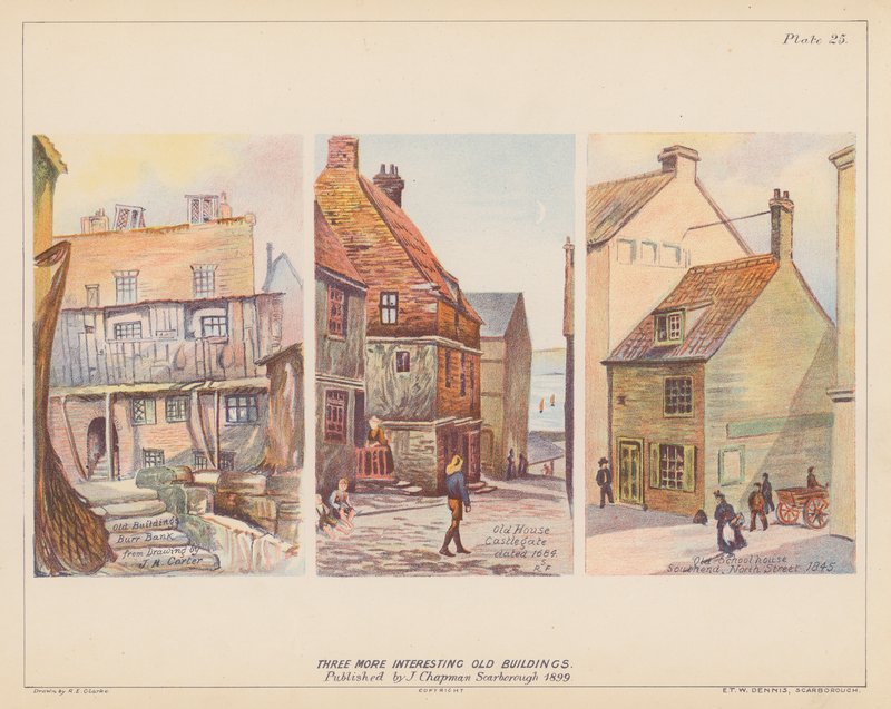 Gamle bygninger, Scarborough (farge litho) av English School