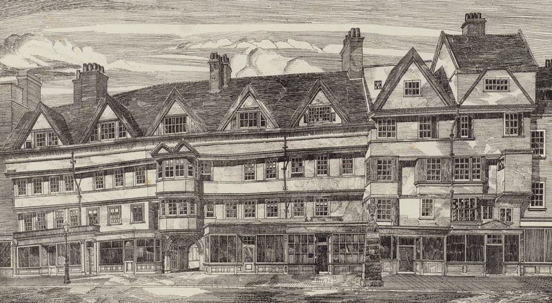 Gamle hus på Holborn Bars, London av English School