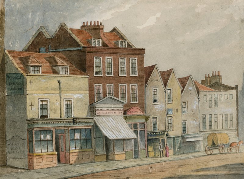Gamle hus i Upper Street, Islington, overfor kirken (wc på papir) av English School