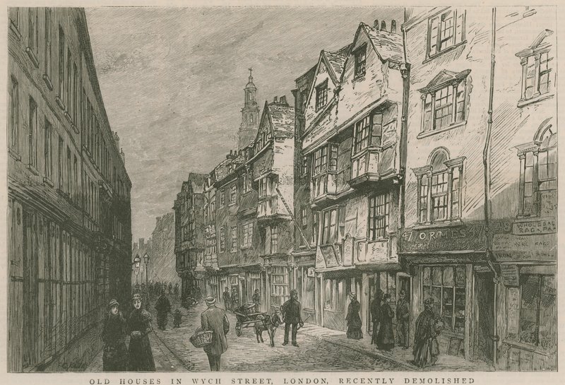 Gamle hus i Wych Street, London, nylig revet av English School